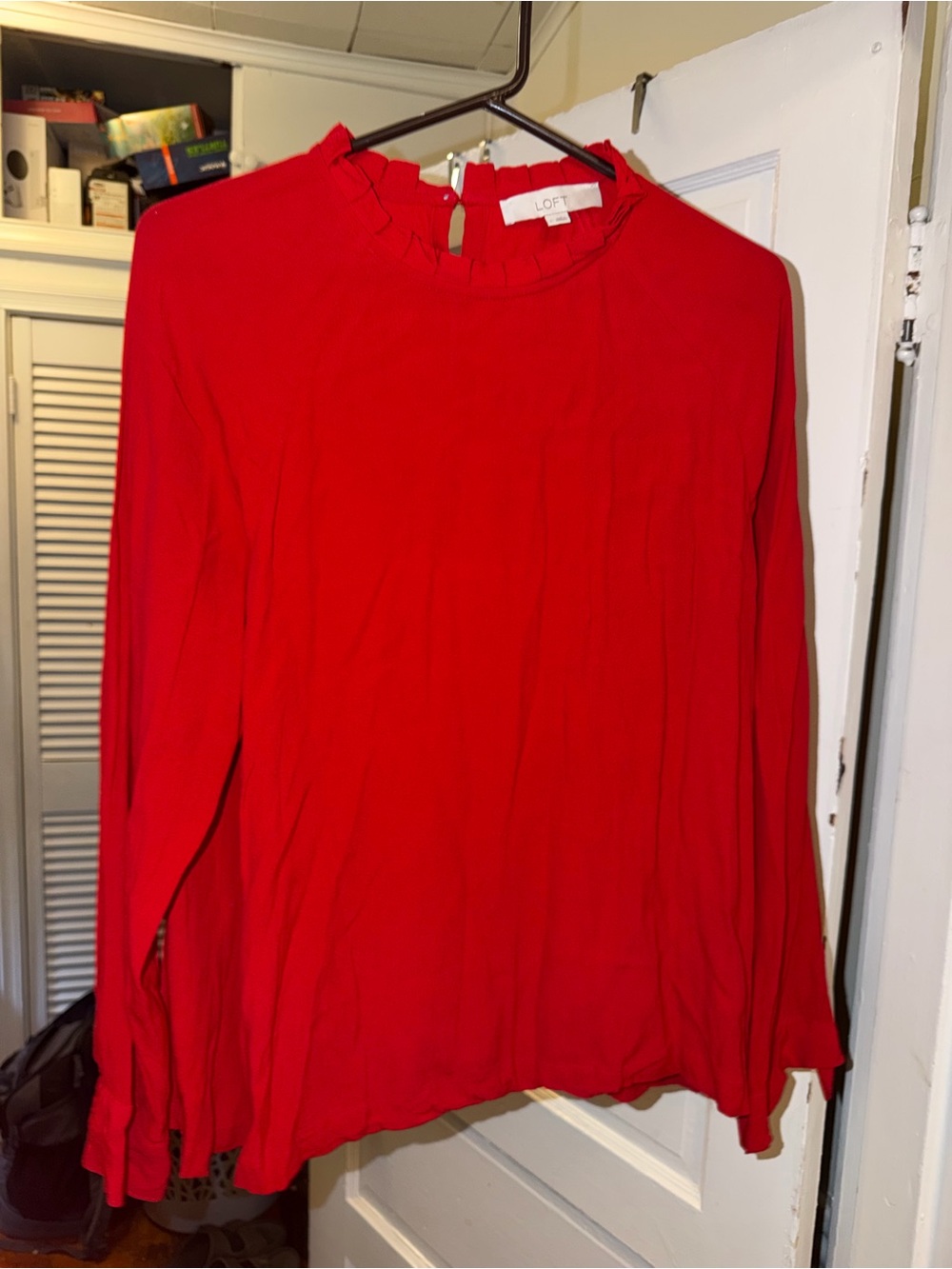 LOFT Frill Neckline Long Sleeve Red Blouse